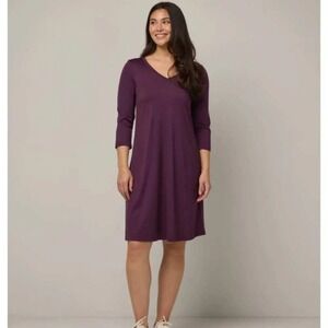 Wool& Willow Merino Wool Swing Dress Size M Purple V-Neck 3/4 Sleeve Pockets